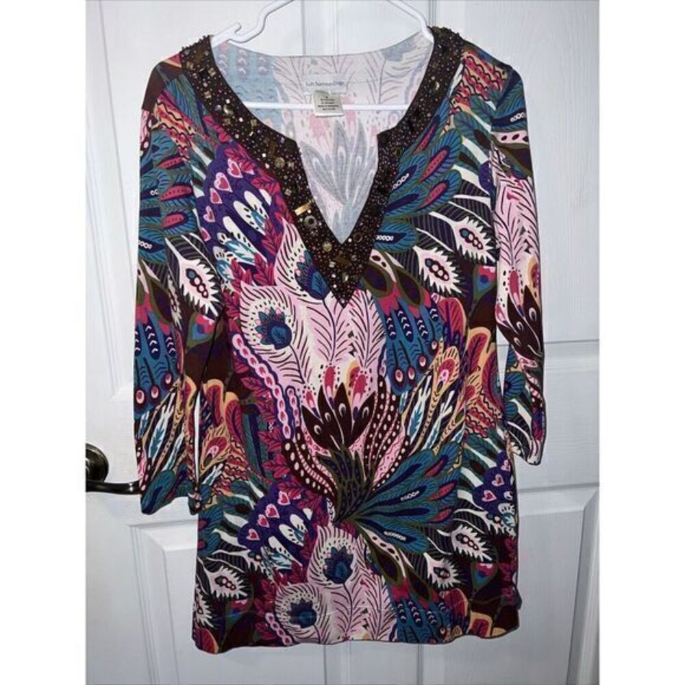 Soft‎ Surroundings Women V-Neck Beaded Tunic Blouse Tropical BOHO Size Medium